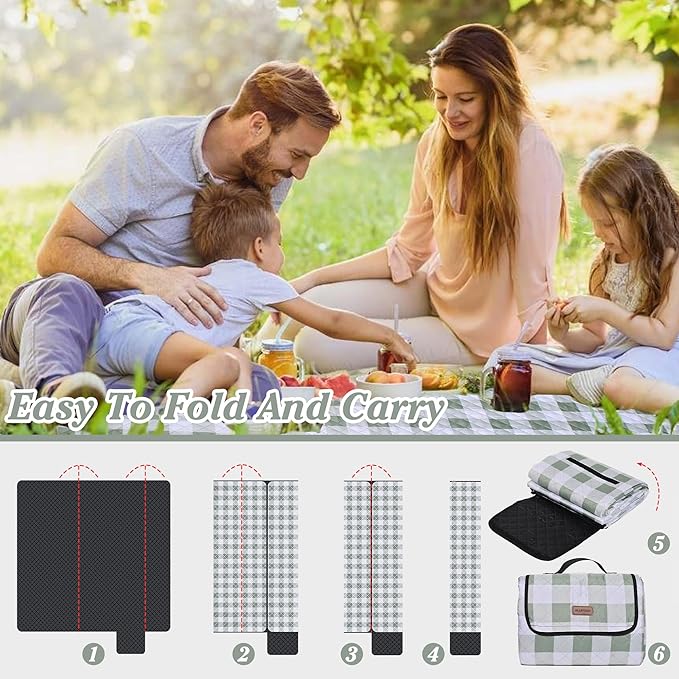 Extra Large Picnic Blanket 80''x 60'' Picnic Mat Waterproof Sand Proof Foldable for Beach, 5-Layer Outdoor Blanket for 6 to 8 Adults,Camping Lawn Hiking Travel Park Music Festival Wedding Mats(Green)