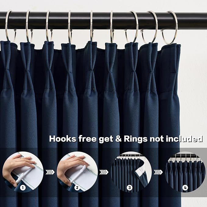 KEQIAOSUOCAI 2 PCs Navy Blue Pleat Wide Drapes for Sliding Glass Door 60 Wide x 90 Inch Long, Privacy Light Block Noise Reduce Insulated Ceiling to Floor for Locker Room Basement Bedroom Closet