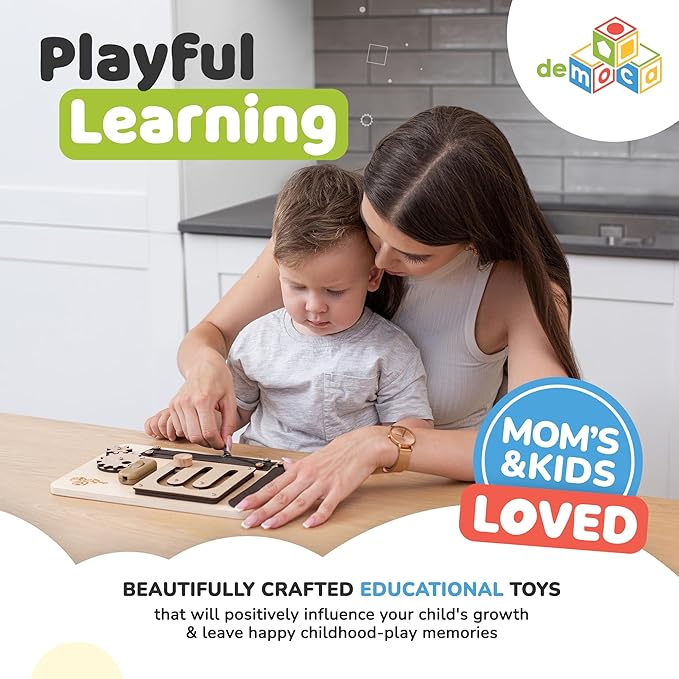 deMoca Baby Busy Board for 1 Year Old, Premium Montessori Toddler Travel Toy with Educational Activities, Sensory Travel Toys for Toddlers 1-3, Wooden Busy Board, Gift for Boy & Girl