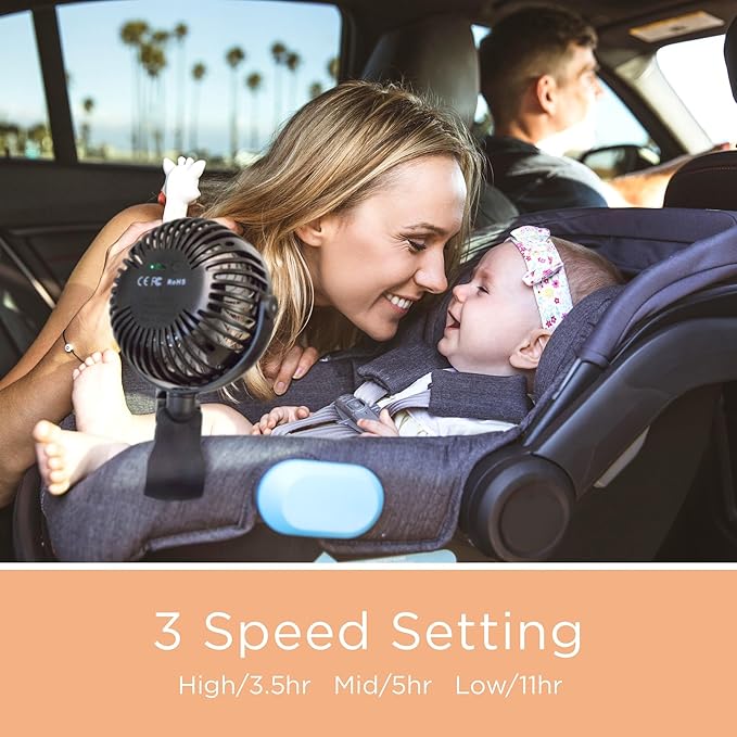 liuliuby Baby Stroller Fan with Clip | Clip On Fan for Baby Car Seat | Portable & Rechargeable with Durable Clamp | Stroller Accessories | Small Cooling USB Chargeable Battery (Jet Black)