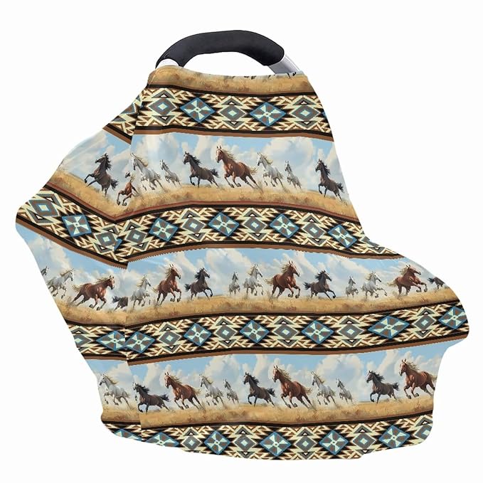 Binienty Car Seat Covers Canopy Cover for Babies, Western Aztec Horse Nursing Carseat Canopy Multifunction Breastfeeding Covers Fits Stroller, High Chair, Shopping Cart