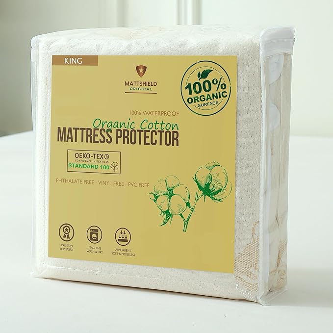 Waterproof Organic Mattress Protector King - Organic Cotton Breathable Mattress Pad Cover - 250 GSM Comfort - Deep Pocket - Fitted Comfort