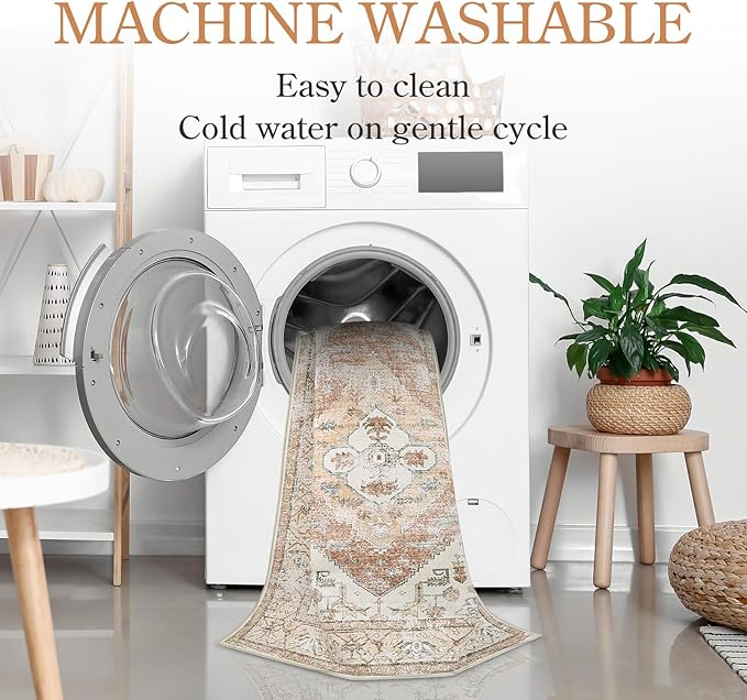 Lahome Boho Washable Living Room Area Rug 3x5 Throw Non-Slip Rugs for Bedroom Aesthetic Lightweight Thin Entry Rug Kitchen Rugs Oriental Distressed Print Capet for Office Bathroom Laundry Room