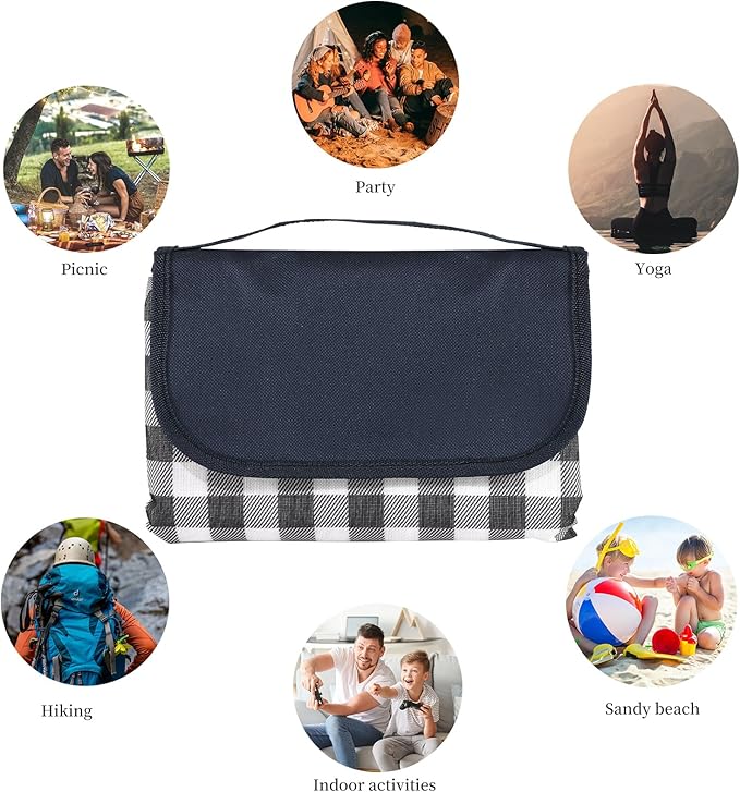 Picnic Blanket Waterproof Beach Rug 80''x118'' Picnic Mat Washable Lightweight with Handle Navy Blue Checkered for Hiking Travelling Outdoor Camping,Parks