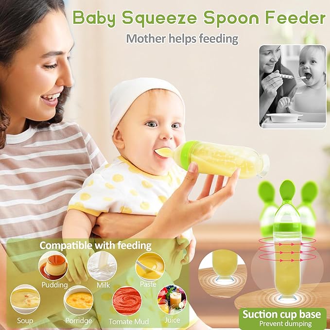 WAJIAYON Baby Fruit Feeder Pacifier - 5 Pack | 2 Infant Food Feeder Pacifier & 1 Baby Food Dispensing Spoon | Fresh Fruit Teethers for Babies | Shower Gifts for Boys and Girls (Green&Yellow)