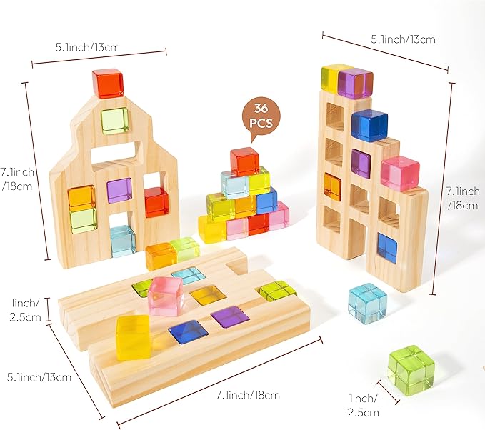 Wooden Building Blocks Set for Kids, 36 PCS Rainbow Acrylic Gem Cubes Blocks - 3 Wood House, Montessori Stacking Toy for Toddlers, Educational STEM Birthday Toys for Boys Girls 3-6