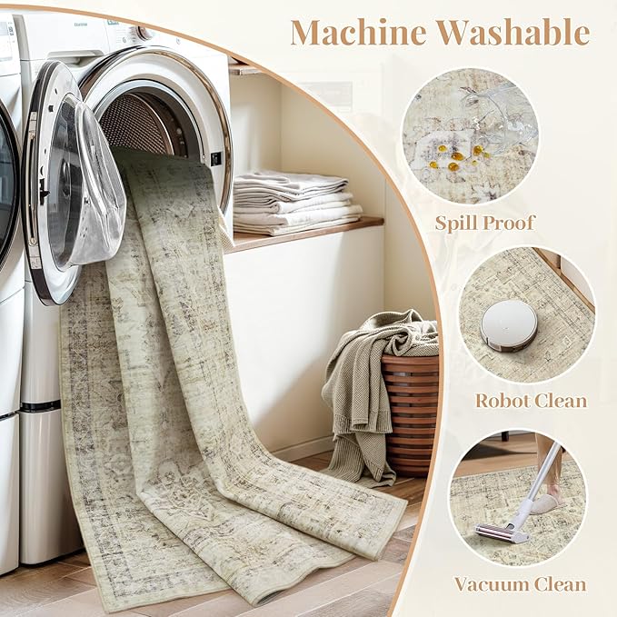 LIVEBOX Washable Rug 2x3 Kitchen Mats for Floor Entryway, Non Slip Front Door Mat for Bathroom Hallway, Boho Low-Pile Small Carpet Farmhouse Throw Indoor Rugs for Bath Sink, Tan