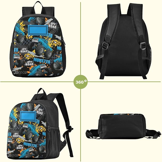 Toddler Monster Truck Waterproof Mini Backpack, 11 Inch, Pattern 4, Black, Small