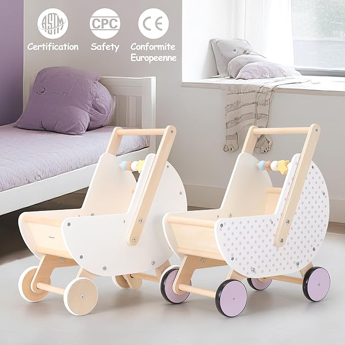 Wooden Baby Walker & Doll Stroller – Adjustable Handle Push Cart, Anti‑Tip, Quiet Wheels, Pretend Shopping Cart – Montessori Wooden Walker for Babies, Doll Stroller for Toddlers 12m+