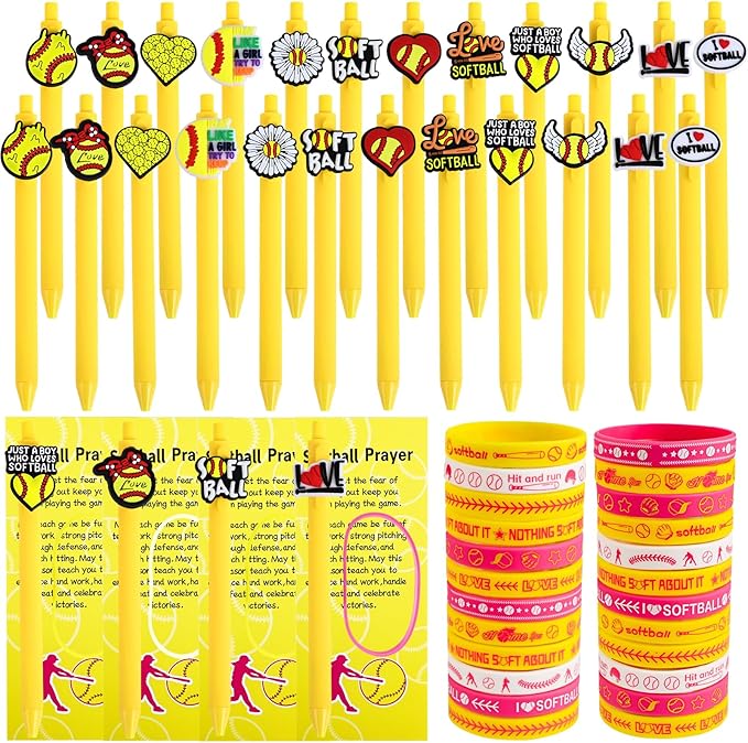 LiYiQ 72 Pcs Softball Party Favors Softball Team Gifts Softball Goodie Bags Stuffers Softball Ballpoint Pens Bookmark Card and Silicone Bracelet