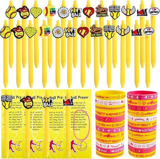 LiYiQ 72 Pcs Softball Party Favors Softball Team Gifts Softball Goodie Bags Stuffers Softball Ballpoint Pens Bookmark Card and Silicone Bracelet