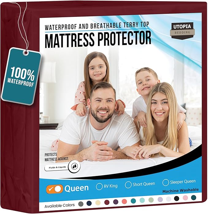 Utopia Bedding Waterproof Mattress Protector Queen Size, Premium Terry Mattress Cover 200 GSM, Breathable, Fitted Style with Stretchable Pockets (Burgundy)