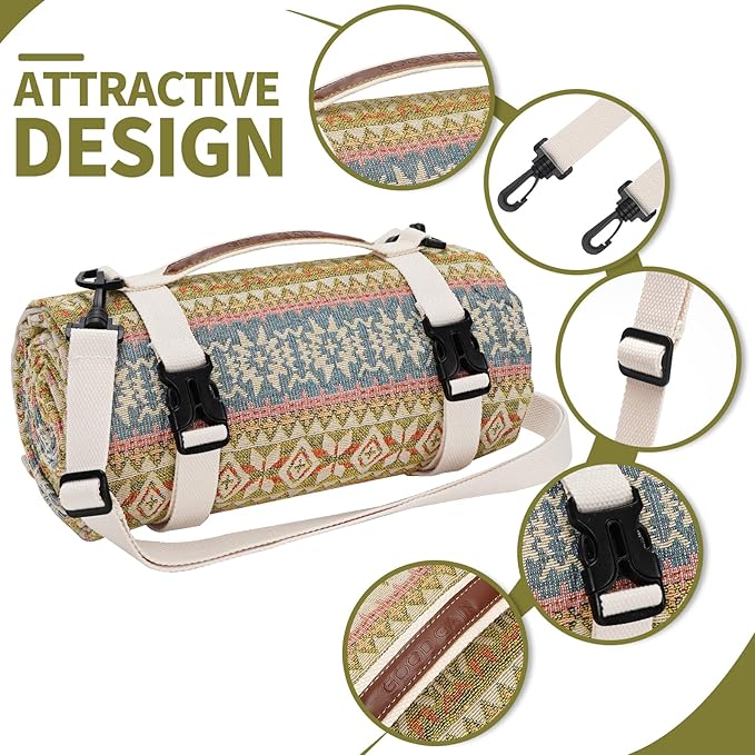 Picnic Blankets Outdoor Extra Large-Waterproof Picnic Blanket with Shoulder Carry Strap | Machine Washable Picnic Mat with Sandproof Backing for Park , Grass, Camping, Hiking, Concerts (Yellow)