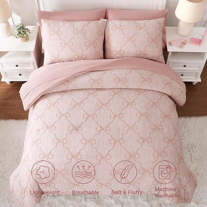 Queen Comforter Set with Sheets for Girls-7 Pieces Queen Bedding Sets with Pink Comforter, Sheets, Pillowcases & Shams for Kids (Pink Diamond, 90" X 90")