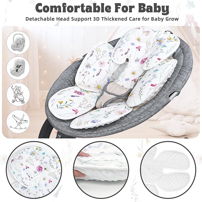 Pea Pod Infant Car Seat Pad 2-in-1 Baby Car Seat Head & Body Support for Newborn Girl Reversible 3 Layer Warm Preemie Carseat Stroller Cushion Headrest with Soft Minky Dot Fabric, Wildflower