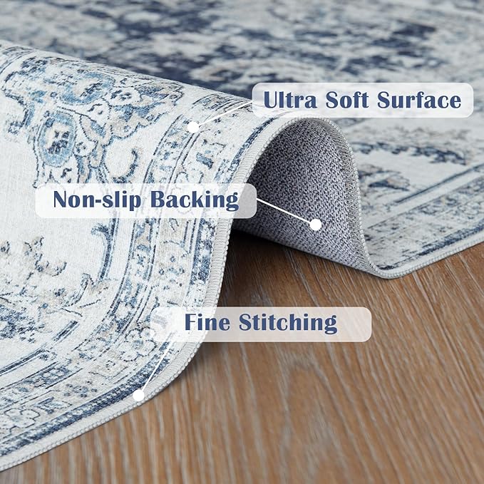 jinchan Runner Rug 3x10-2pcs Kitchen Washable Vintage Hallway Rug Floral Print Floor Cover Indoor Thin Retro Mat Accent for Bathroom Laundry Room Bedroom Office Farmhouse (Double,Dark Blue)