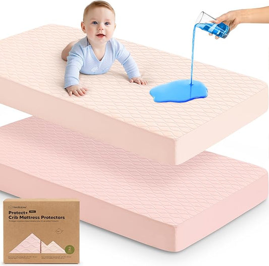 Waterproof Crib Mattress Protector Cover Fitted - 2-Pack Quiet Baby Crib Mattress Pad Sheets, 52" x 28" Soft Quilted Cotton Baby Sheet, Machine Washable, Easy Fit, Durable (Mist Rose/Mavy)