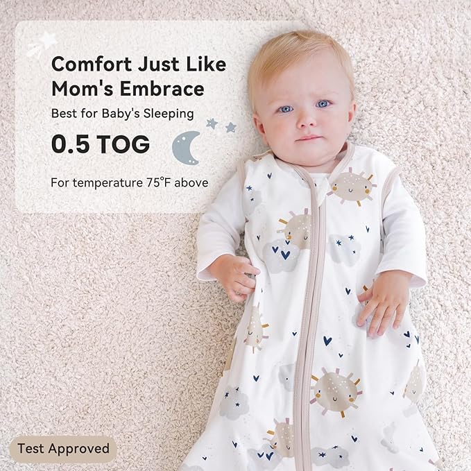 Baby Sleep Sack 0-6 Months 0.5 Tog Wearable Blanket Baby, 3 Pack 100% Cotton Lightweight Sleeping Sack with 2-Way Zipper for Newborn Infant Apricot White Sun Clouds