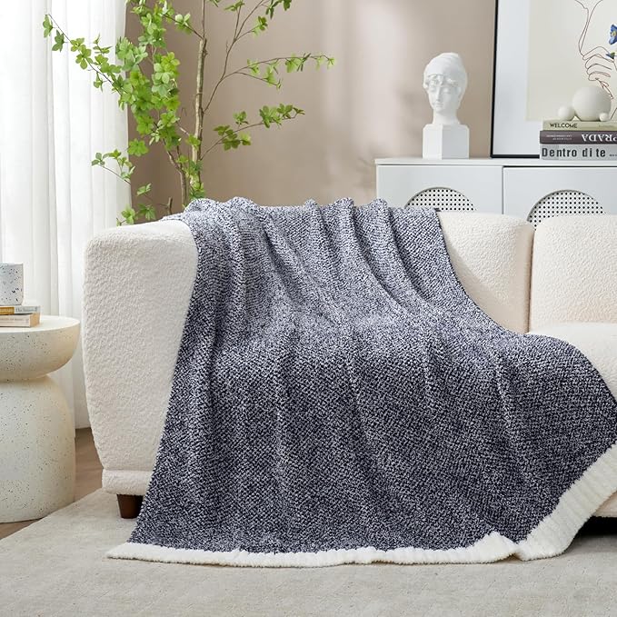 Snuggle Sac Navy Throw Blanket for Couch, Oversized Throw XL Super Soft Warm Blankets Cozy Knit Fuzzy Lightweight Throws for Sofa, Bed, Living Room, Heather Navy, 50x70 inches