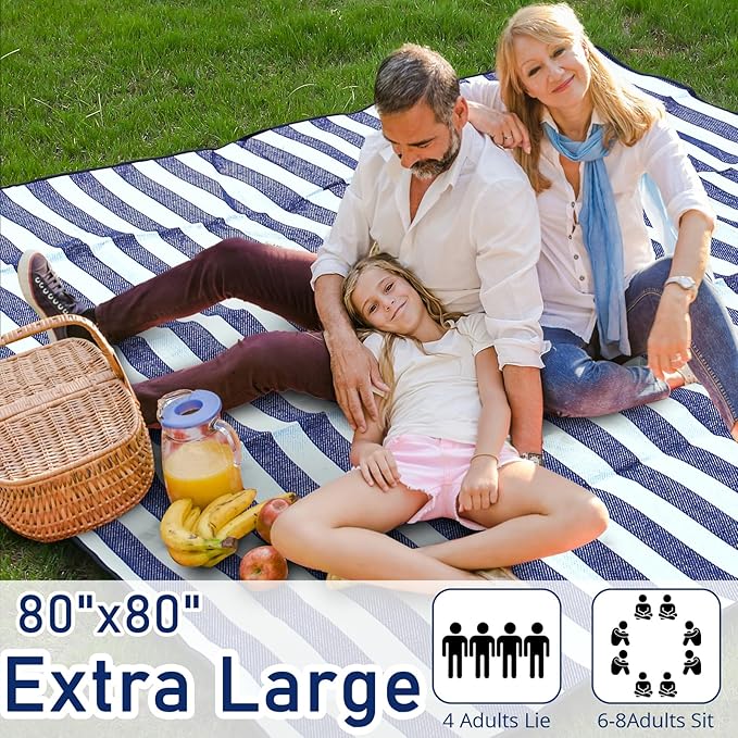 Striped Picnic Blankets 80” x 80” Extra Large Waterproof and Foldable Beach Blanket, Oversized Blue and White Outdoor Blanket for Camping, Travel, Park, Grass, Patio (Blue & White, 80" x 80")