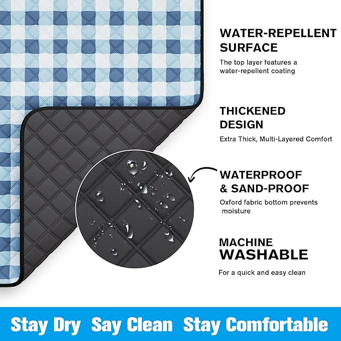 TigeJoy Extra Large Picnic Blanket Waterproof Foldable 60''x80'', Outdoor Picnic Mat Beach Blanket Sandproof for Park, Grass, Travel, Hiking, Camping Essentials, Gingham Picnic Blanket