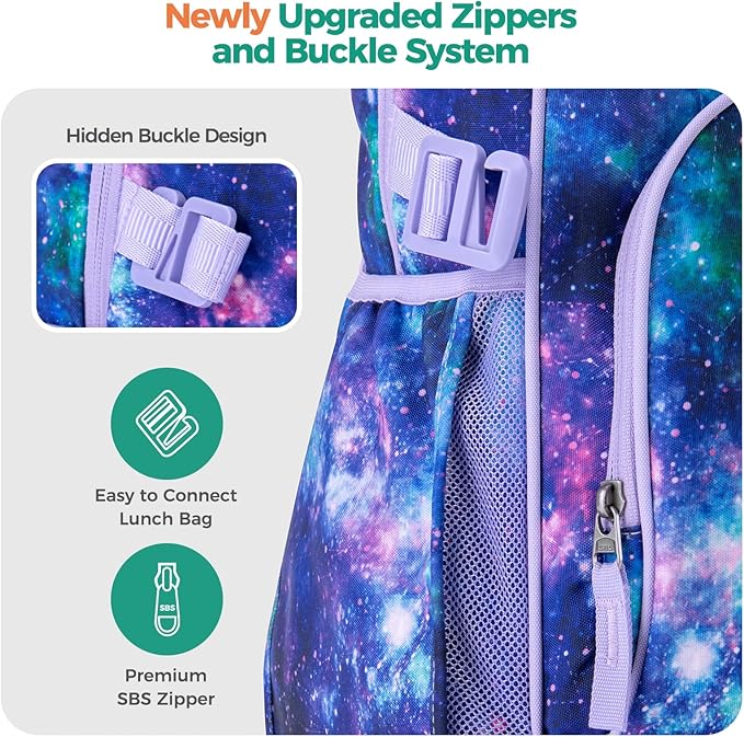 Choco Mocha Unicorn Backpack for Girls, Elementary School Backpack for Girls Ages 6-8 Kids Kindergarten Backpack Bookbag 17 Inch with Chest Strap, Planet Purple