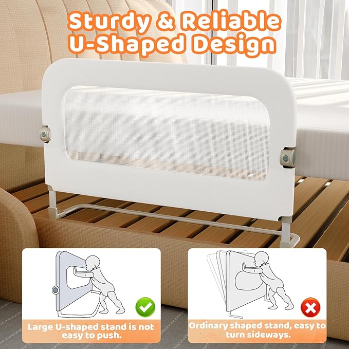 Bed Guard Rail for Toddlers - 47inch Foldable & Adjustable Height Baby Bed Safety Side Rails - Large Toddler Crib Railing Guard for Twin, Bunk, Full Size, Queen & King, Full Size Bed