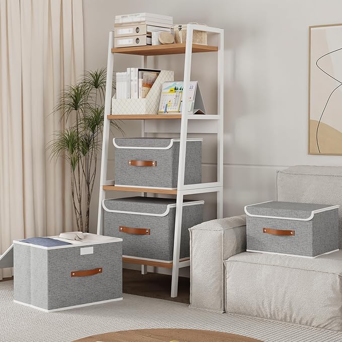 Yawinhe Collapsible Storage Boxes, Foldable Bin with Lids, Cube Clothes Organizer Basket with Handles, Grey, 13.0''Lx9.0''Wx7.9''H, 7-Pack, SNK024GS-7