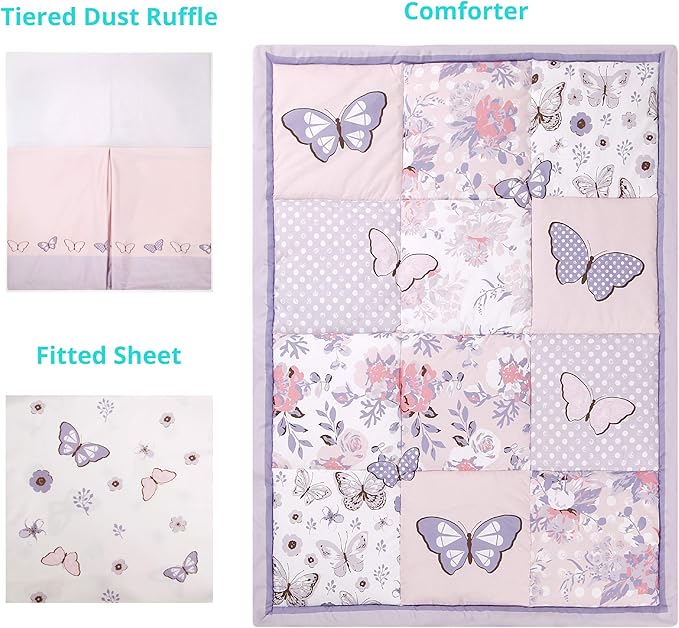 La Premura Baby Mini Crib Bedding Set for Girls, Pastel Purple Butterfly, 3 Piece Crib Set for Nursery Portable Crib, Purple and Pink