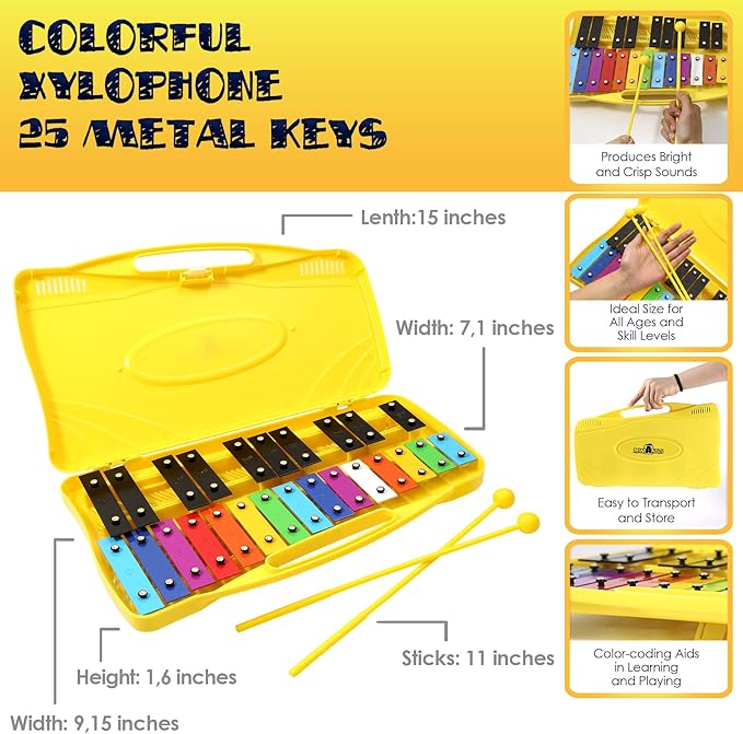 MINIARTIS Glockenspiel Xylophone | 25 Note Colorful Metal Keys Xylophone for Kids | Percussion Musical Instrument | Educational Music Toy Includes Music Songbook, Mallets and Yellow Carry Case