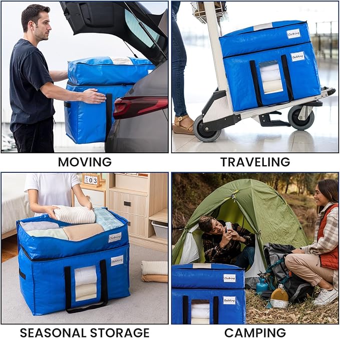 TAILI 2 Tier Extra Large Moving Bags, 2 Pack Blue Heavy Duty Totes For Storage with Visible Window, Wrap Around Handles, Storage Bags for Space Saving, Alternative to Moving Boxes