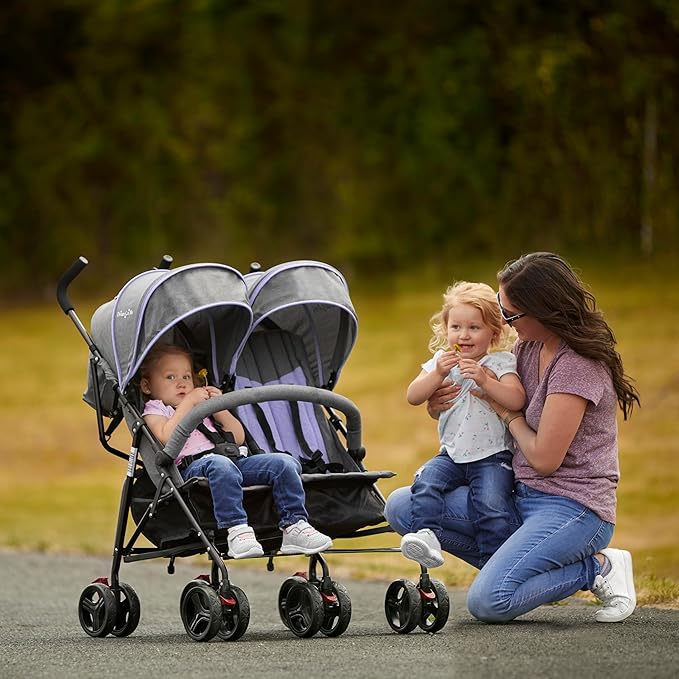 Dream On Me Volgo Twin Umbrella Stroller in Purple, Lightweight Double Stroller for Infant & Toddler, Compact Easy Fold, Large Storage Basket, Large and Adjustable Canopy