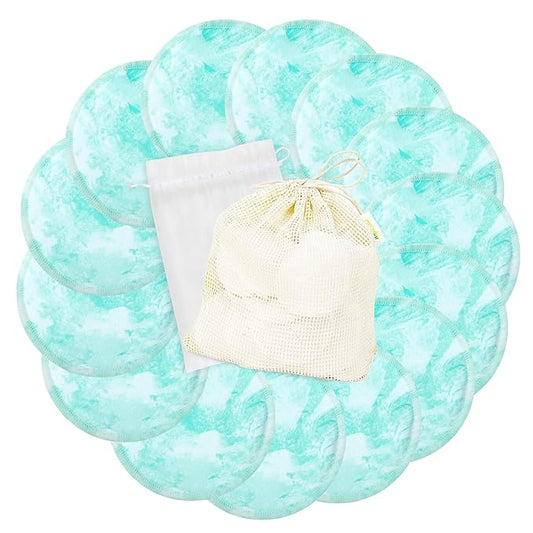 wegreeco Nursing Breast Pads (14 Pack) + Laundry Bag & Travel Storage Bag, 4.7 inch - Washable & Reusable Breastfeeding Nursing Pads (Plain Shape, Blue Wave, Large)