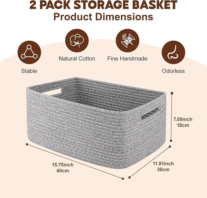 OIAHOMY Storage Basket for Shelves, Closet Cube Storage Bins Baskets for Clothes Blanket Towels, Baby Nursery, Toy Baskets Box, Woven Rope Basket, 15.75*11.81*7.09 IN, 2 Packs Grey