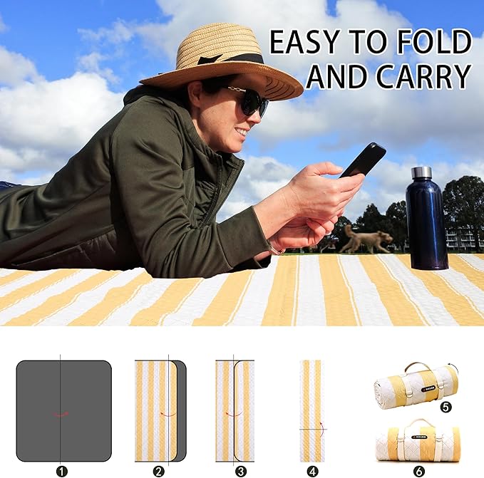 HX&OD Outdoor Picnic Blanket Extra Large, 80''*80'' Waterproof Picnic Mat with Stakes Foldable Camping Blanket Portable with Carry Strap for Beach Mat (Yellow& White, 80''*80'')