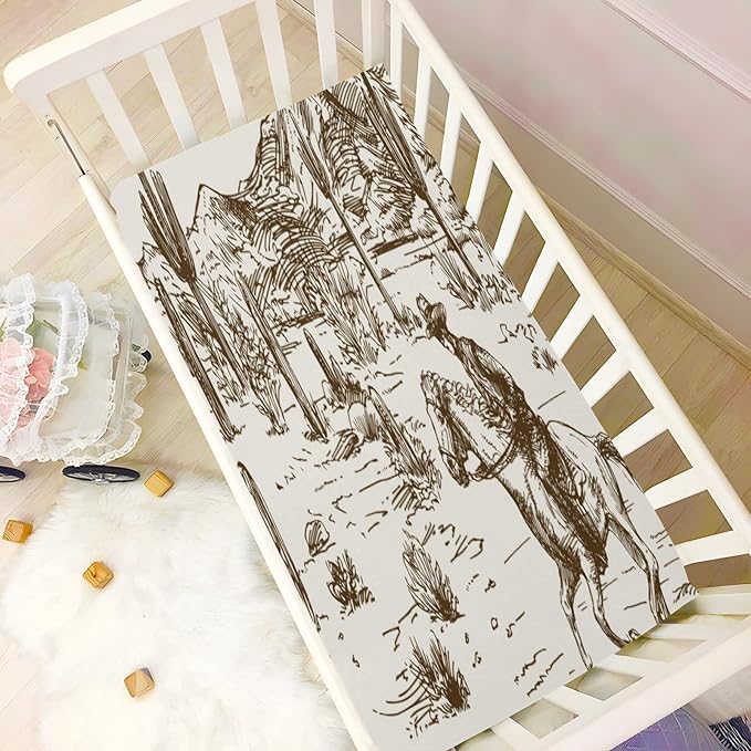 Western Desert Cowboy Crib Sheets for Boys and Girls, Fitted Baby Crib Sheets Soft and Breathable Mini Crib Sheets 52 X 28 X 9 Inches