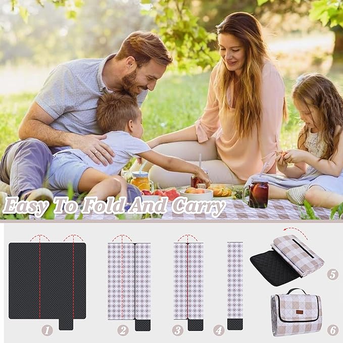 Extra Large Picnic Blanket 80''x 60'' Picnic Mat Waterproof Sand Proof Foldable for Beach, 5-Layer Outdoor Blanket for 6 to 8 Adults,Camping Lawn Hiking Travel Park Music Festival Wedding Mats(Brown)