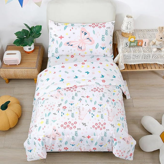 PERFEMET Girls Toddler Bedding Colorful Flower Blossom Comforter Set Butterfly Print Toddler Bedding Sets Ultra Soft Lightweight Bed-in-A-Bag for Toddlers(4 Pieces, White)