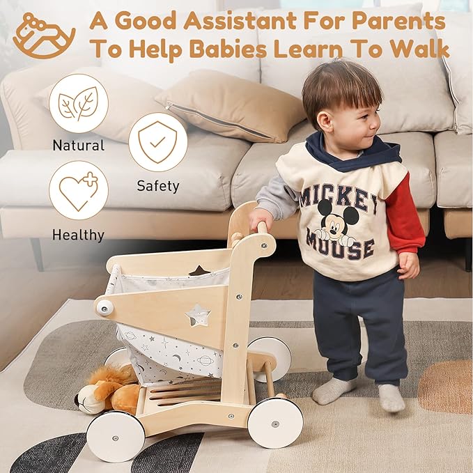 Wooden Baby Walker Doll Stroller | Adjustable Speed Shopping Cart for Toddlers 1-3 | Baby Push Walker - Pretend Play Grocery Cart | Natural Wood Stroller Push Toys for Babies Learning to Walk