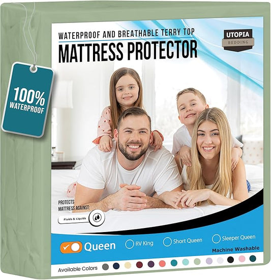 Utopia Bedding Waterproof Mattress Protector Queen Size, Premium Terry Mattress Cover 200 GSM, Breathable, Fitted Style with Stretchable Pockets (Sage)