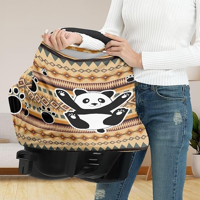 Binienty Breathable Car Seat Covers for Babies Newborns,Aztec Nation Panda Pattern Nursing Cover Breastfeeding Scarf Breathable Stroller Cover for Sun