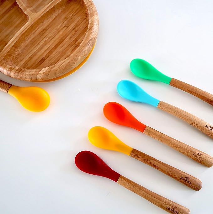 Avanchy Bamboo & Silicone Infant Training Spoons, BPA Free - Soft Tip, Easy on Gums, First Stage Feeding Utensils for Baby-Led Weaning, Self-Feeding, Green