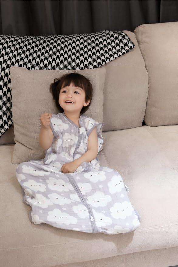 Baby Sleep Sack 2-4 T Baby Wearable Blanket 100% Organic Cotton 0.5 TOG Toddler Sleep Sacks 2- Way Zipper Soft 4 Layers 2T 3T 4T Cloud