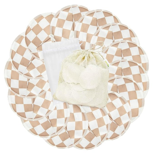 wegreeco Nursing Breast Pads (14 Pack) + Laundry Bag & Travel Storage Bag, 4.7 inch - Washable & Reusable Breastfeeding Nursing Pads (Light Coffee Checkerboard, Large, Contoured Shape)
