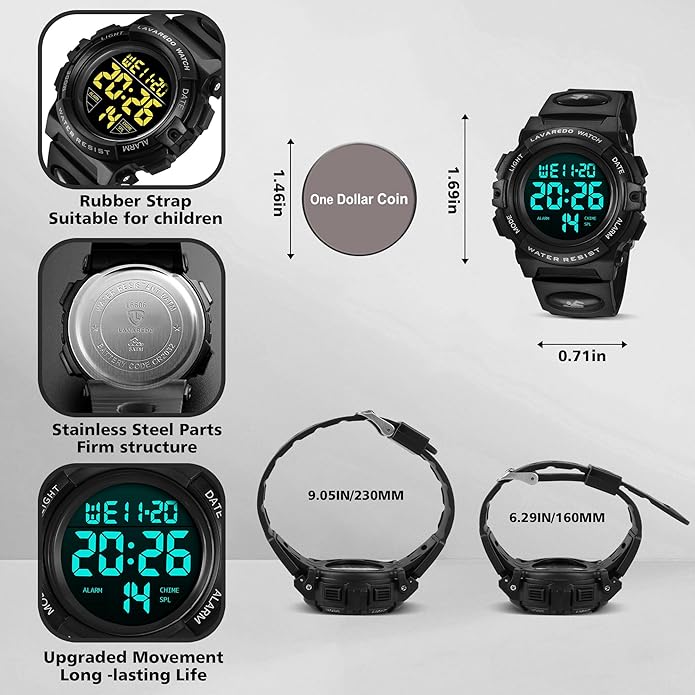 Kids Watch,Boys Watch for 3-15 Year Old Boys,Digital Sport Outdoor Multifunctional Chronograph LED 50 M Waterproof Alarm Calendar Analog Watch for Children with Silicone Band,Kids Gift