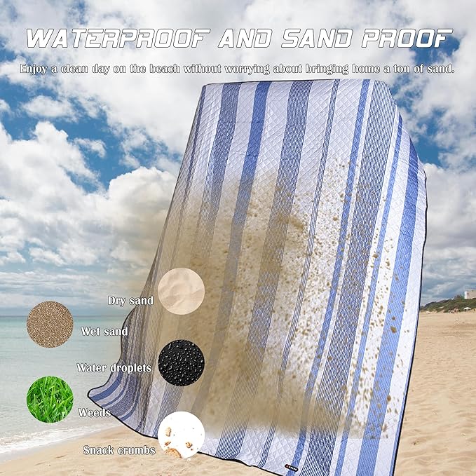 Waterproof Picnic Mat, Outdoor Camping Oversized Field Blanket. Portable Thickened Camping Blanket, Suitable for Beach, Camping, Music Festival, Party, Outdoor Adventure. (Blue & White, 80”x60”)