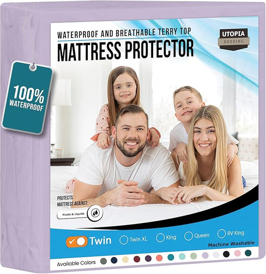 Utopia Bedding Waterproof Mattress Protector Twin Size, Premium Terry Mattress Cover 200 GSM, Breathable, Fitted Style with Stretchable Pockets (Lavender)