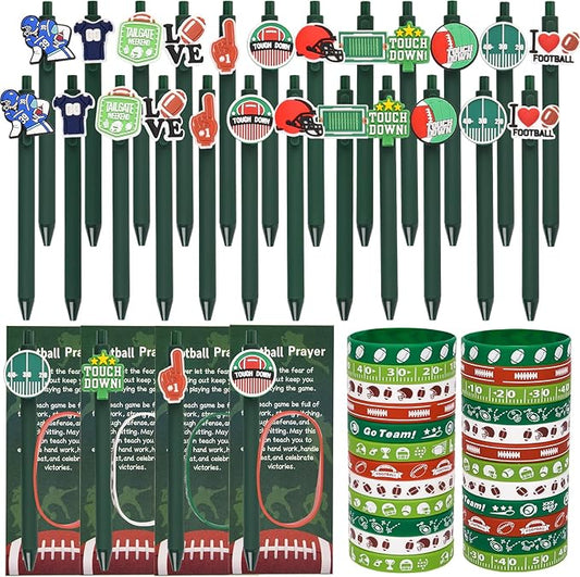 LiYiQ 72 Pcs Football Party Favors Football Team Gifts Football Goodie Bags Stuffers Football Ballpoint Pens Bookmark Card and Silicone Bracelet