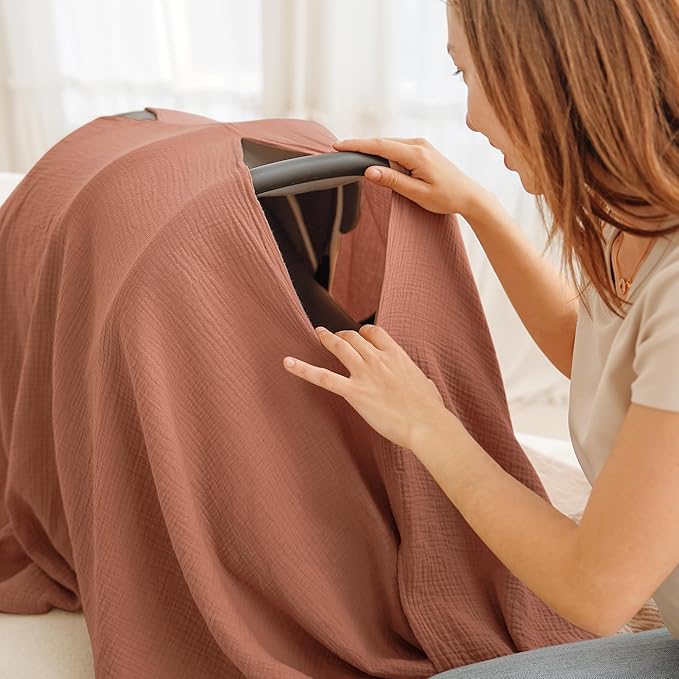 Konssy Muslin Nursing Cover for Breastfeeding, 360° Full Privacy Breathable 100% Cotton Breastfeeding Cover, Multi-use Carseat Canopy(Chestnut)