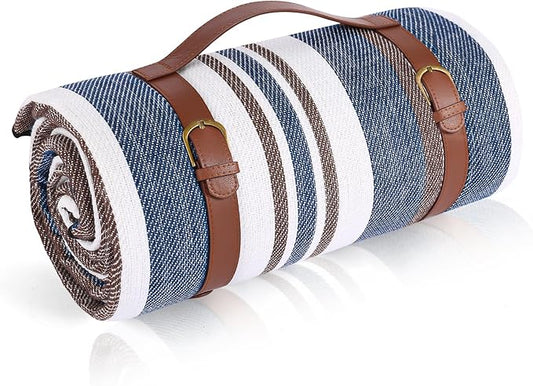 Striped Picnic Blankets 80” x 80” Extra Large Waterproof and Foldable Beach Blanket, Oversized Blue and White Outdoor Blanket for Camping, Travel, Park, Grass, Patio (Blue & Brown, 80" x 80")